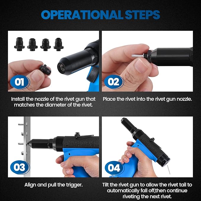 Pneumatic Rivet Gun Kit – Air Pop Riveter with 3/32", 1/8", 5/32", 3/16" Rivet Nozzles, Heavy Duty Air Hydraulic Pop Riveting Tool Set for Automotive, Construction, Manufacturing Industries