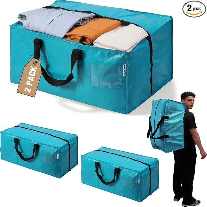 WORKPRO 2 Pack Extra Large Moving Bags with Zippers & Carrying Handles Backpack Straps, Heavy-Duty Storage Tote for Space Saving Moving Storage (Blue)