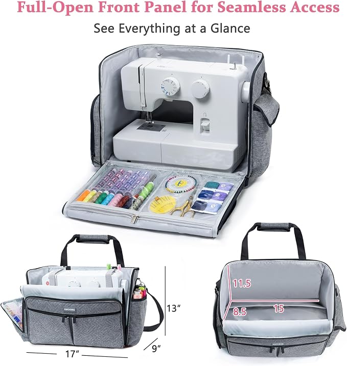 AMOIGEE Full-Open Sewing Machine Case, Large Sewing Machine Storage Bag for Travel - Heavy-Duty Embroidery Tote for Brother Singer Janome Standard Machines Holder with Pocket for Accessories and Tools