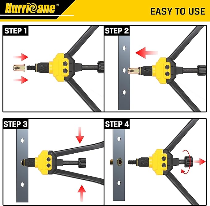 HURRICANE 16" Rivet Nut Tool Kit with Auto Release, Heavy Duty Hand Riveter-13 Metric&SAE Mandrels, 130Pcs Nutserts, Long Arm Labor-Saving Design for Automotive, Metal & Marine – Includes Plastic Case