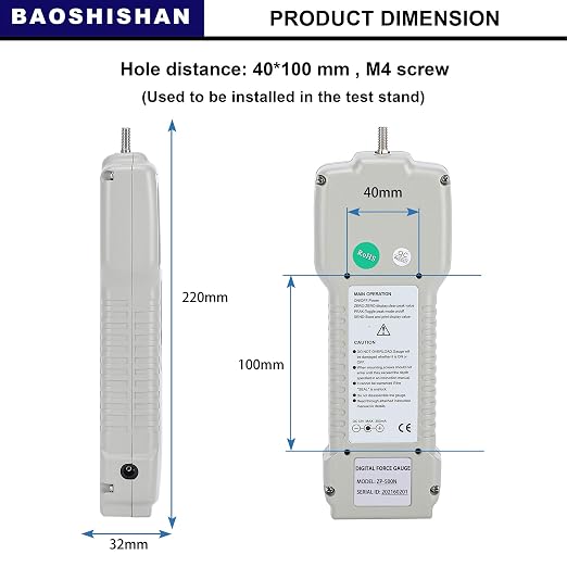 BAOSHISHAN ZP-500N Digital Force Gauge Push Pull Gauge with Output Function | LCD Backlit Display, Carrying Case, Tension/Compression Testing, Destructive Load Analysis, High Precision Sensor