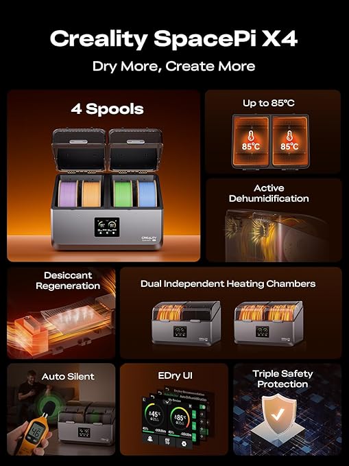 Creality Filament Dryer Box 4 Spools, Space Pi X4 Filament Storage Box, 200W PTC Heats Up to 85°C, Dual Heating Chambers, Fast Drying & Moisture-Free Storage, for PLA, PETG, TPU, ABS