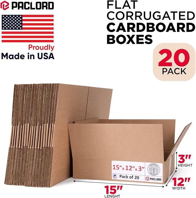Flat Cardboard Boxes 15"L x 12"W x 3"H (Pack of 20) - USA-Made Packing Boxes for Moving, Shipping, or Storage - USPS, UPS, FedEx Approved - Professional Packing Supplies for Moving | USA-Made Packing Boxes for Moving, Shipping, or Storage - USPS, UPS, ...