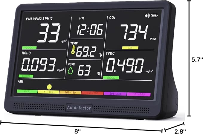 Professional Indoor Air Quality Monitor with 7X AQI Beep Alarms,16 in 1 Portable Real-Time Detector for PM2.5 | PM10 | CO2 | TVOC | HCHO | Temp | Hum for Home Cars Plants Pets (Aerolite Black)