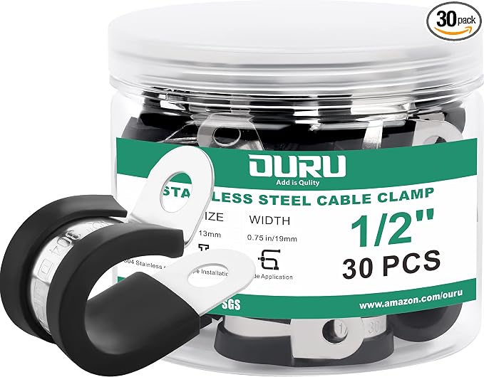 OURU 1/2-Inch Stainless Steel Rubber Coated Pipe & Wire Clamps (30pcs, Black, 13mm)