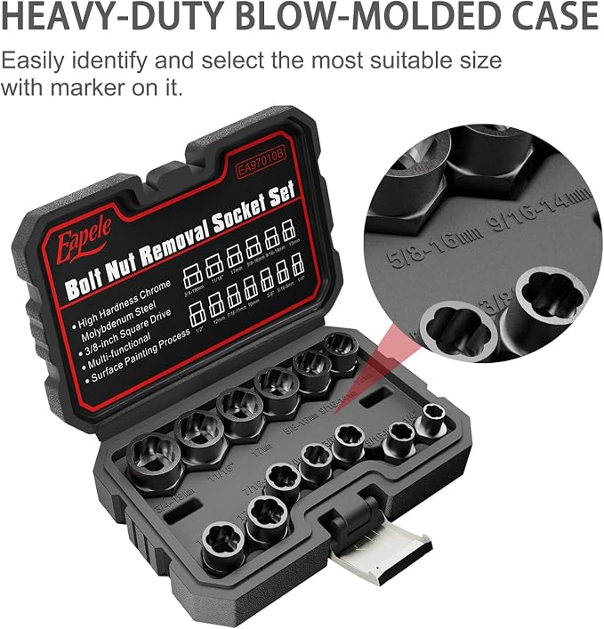 Eapele 13pcs Bolt Extractor Set, Stripped Nut Remover Twist Sockets, Fit 3/8" Square Drive with Solid Storage Case, Stripped Bolt Extractor (13pcs, Black)