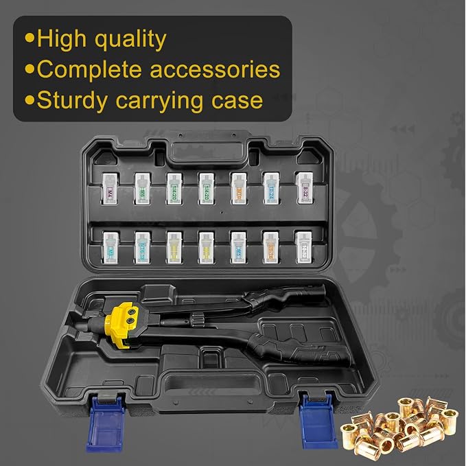 IMQUALI Rivet Nut Tool Rivet Nut Kit, 16" Rivnut Tool Kit with 14 Metric & SAE Mandrels Rivet Nut Assortment Kit with 140 Rivet Nuts, Hand Riveters Nutsert Tool Kit with Durable Blow Molded Case