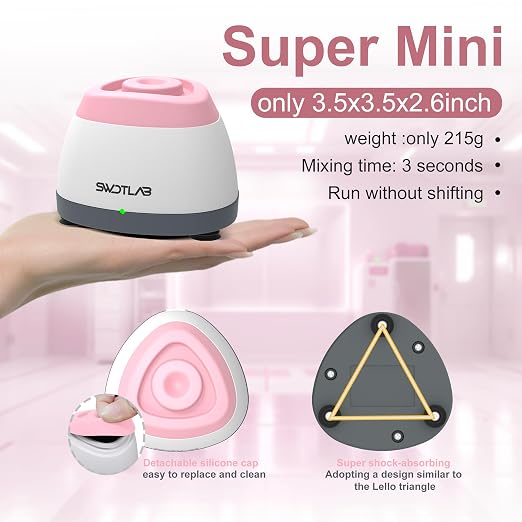 Mini Vortex Mixer 3500RPM, Portable Touch Nail Polish Shaker Glue Shaker, Lab Paint Shaker for Tattoo Ink Acrylic Paint Test Tubes, DC Brushless Motor, 3s Mix, Silicone Cap, 100 Mixing Balls, Pink