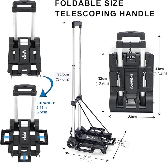 Folding Hand Truck Aluminum Trolley,Small Dolly, Foldable Hand Cart Collapsible 2 Wheel Luggage Trolley Dolly Expandable Large Chassis Foldable into Backpack