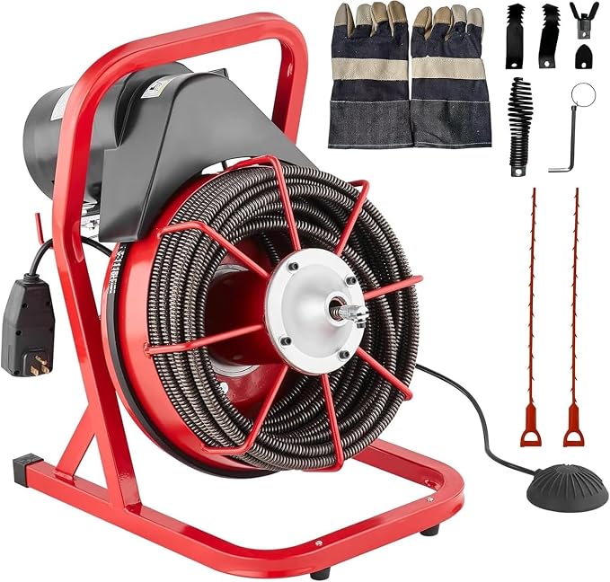 75FT x 1/2 Inch Drain Cleaner Machine, Drain Auger Manual Feed, 370W Electric Drain Snake Cleaning Machine with 4 Cutters & Air-Activated Foot Switch for 2" to 4" Pipes