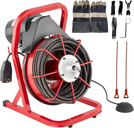 75FT x 1/2 Inch Drain Cleaner Machine, Drain Auger Manual Feed, 370W Electric Drain Snake Cleaning Machine with 4 Cutters & Air-Activated Foot Switch for 2" to 4" Pipes