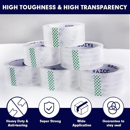 RAZCC Packing Tape, 36 Rolls Clear Heavy Duty Packaging Tape with Dispensers for Packing Shipping Moving Mailing, Thicker Sealing Tape - 1.88" x 65 Yard Per Roll, 2340 Total Yards