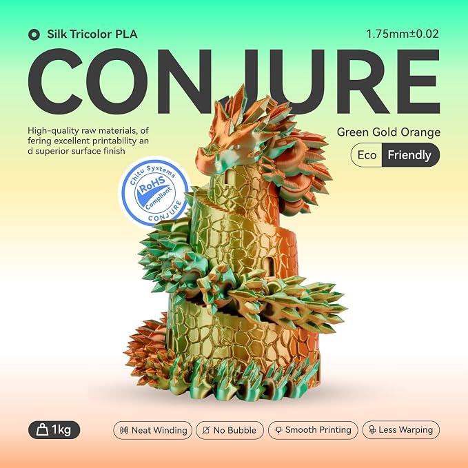 Chitu Systems Conjure Tricolor Silk PLA Filament, Christmas Green Gold Orange PLA, Using Reusable Spool Compatible with Bambulab Refill Filament, Diameters 1.75±0.02 mm 3D Printer Filament 1KG/2.2lb