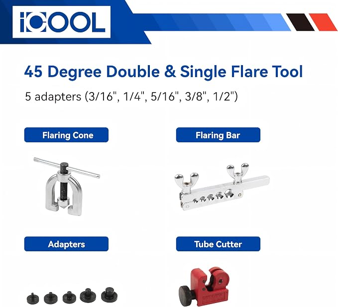 ICOOL 25 ft 3/16" Copper-Plated Brake Line Flaring Tool Kit with 20 Fittings and 4 Unions Brake Line Fittings, Brake Line Kit with Tube Bender and Reamer