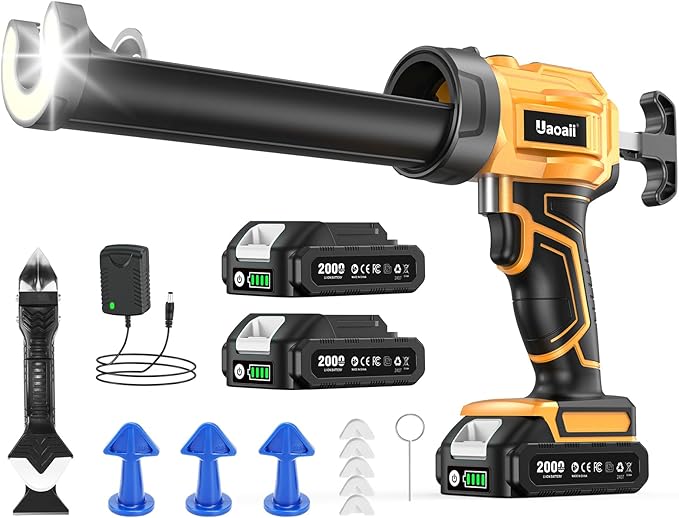 Electric Caulking Gun, Cordless Caulking Gun with 2x 2000mAh Batteries, 9Pcs Silicone Caulking Tools, 4 Adjustable Speeds, LED Light, 10OZ Battery Silicone Gun for Filling, Sealing (Yellow)