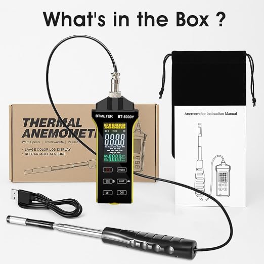 BTMETER Hot Wire Anemometer - CFM/CMM Digital Air Flow Meter, Wind Speed Meter Measure 0.2~67Mph, Thermal Anemometer with 360° Revolve Telescopic Probe for HVAC Duct Air Vent BT-5000Y