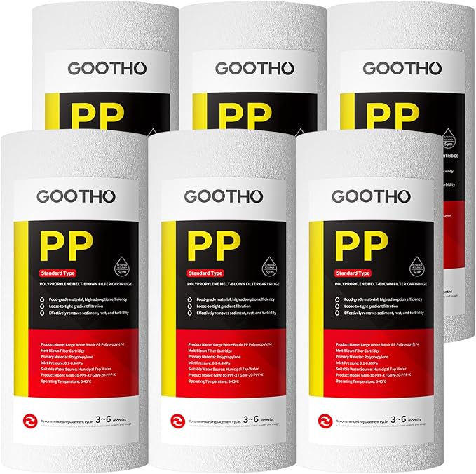 10" x 4.5" 5 Micron Whole House Polypropylene PP Sediment Filter Sediment Filter Cartridge Replacement,Dual-Gradient Density Spun Polypropylene,(Pack of 6), White
