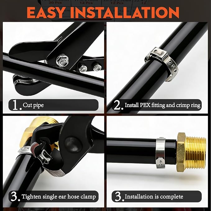 560PCS 304 Stainless Single Ear Hose Clamps Kit for PEX & Auto | 22 Sizes (5.3-36.1mm) with Pro Crimp Tool,360° Leak-Proof & Vibration-Resistant for Plumbing,Marine,and Fuel Lines