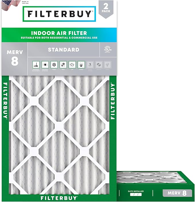 Filterbuy 15x25x2 Air Filter MERV 8 Essential Dust & Allergy Defense (2-Pack), Electrostatic Pleated HVAC AC Furnace Filters Replacement, Made in USA (Actual Size: 14.50 x 24.50 x 1.75)