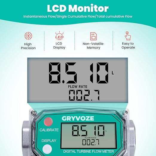 3/4 Inch Digital Turbine Water Fuel Flow Meter with 3/4 Inch NPT Male, 0.8-13.2 GPM Inline NPT Thread ±1% Accuracy Flowmeter for Diesel, Gas Oil, Gasoline, and Other Liquids
