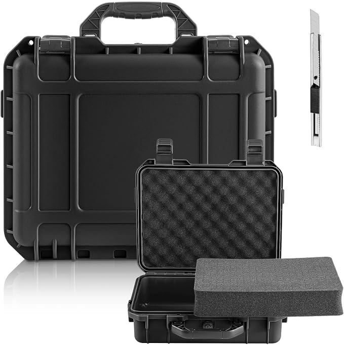 Relaxweex 1 Pcs Waterproof Hard Case with DIY Customizable Foam Insert Portable Protective Case with Knife for Camera Drones Equipments Tools Test Instruments(Black,11 x 9 x 6 Inch)