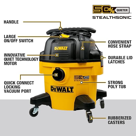 DEWALT 6-Gallon STEALTHSONIC Ultra Quiet Poly Shop Vacuum Wet and Dry with 6 Dust Bags, 5 Peak HP Noise Reduction Wet/Dry Vac for Jobsite, Workshop, and Garage, DXV06P-QTB