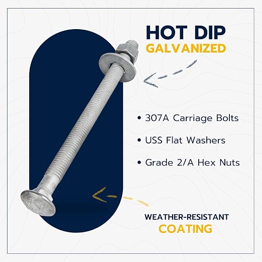 3/8" x 7" (50 Pack) Galvanized Carriage Bolt Kit, Grade 307A, Hot Dip Galvanized for Exterior Use by Makers Bolt