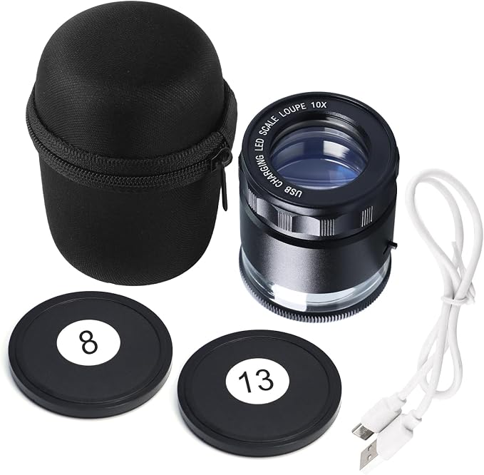 10X Rechargeable Jewelers Loupe Magnifier with LED Lights and 3 Reticle Scales, 25 mm Field of View, Adjustable Focus LED Scale Loupe Jewelry Magnifying Glass for Gems, Coins, Watch, Stamps, Plants