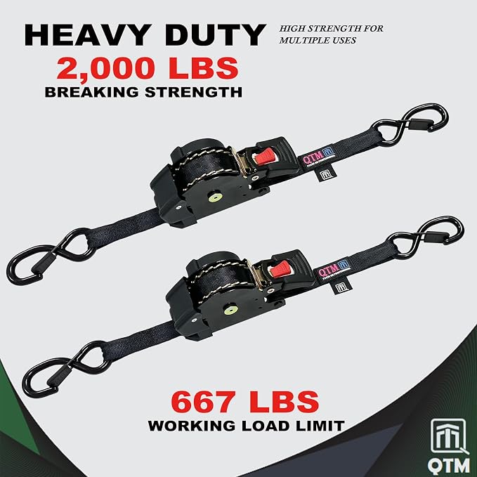QTM 2-Pack Black Retractable Ratchet Straps Stainless Steel Spring, 1" x15' with Soft Loops, Heavy Duty, 2,000lbs Breaking Strength, with Storage Bag
