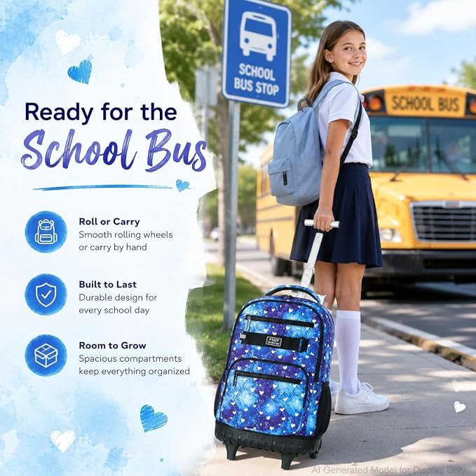 3Pcs Rolling Backpack for Girls Women, Travel Roller Backpacks with Wheels for Adults, Teens College Love Polka Dots Wheeled Bookbag with Lunch Box(Blue)