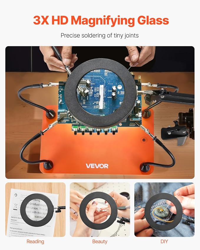 VEVOR Magnetic Helping Hands Soldering Station, 4 Flexible Arms Third Hand Tool with 3X LED Magnifying Lamp & Non-Slip Heavy-Duty Base, Soldering Helping Hands for Electronic Repair Craft Hobby DIY