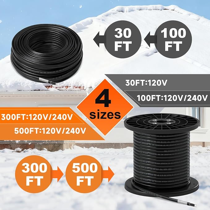 Cut-to-Length Roof & Pipe Heating Cable – Professional Bulk Roll, 120V 30Ft Self-Regulating 8w/ft CSA For Electricians and Installers (Requires End Seal & Power Cord Kit)