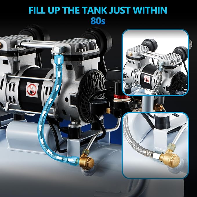 Quiet Oil-Free Air Compressor, 68 dB, 2.8 CFM @ 90 PSI, 5 Gallon Air Tank | Electric Steel Tank Compressor for Woodworking, Nailing, Garage, Car Inflation and Pneumatic Tools, Includes Air Hose Kit