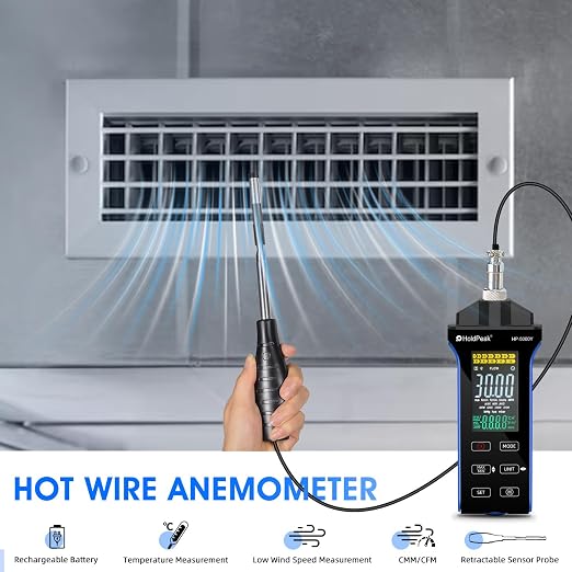 HOLDPEAK Professional Hot-Wire Anemometer, High-Precision Digital CFM/CMM Air Velocity Meter Wind Speed Gauge, HVAC Wind Temperature Tester with Telescopic Probe, Backlit LCD, USB Data Export