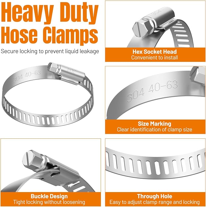 Housolution 250 PCS Pipe Clamps from 1/4" to 2.5" (6-63mm), Hose Clamps Stainless Steel with Hose Clamp Tool, For Fuel Line, Garden, Plumbing, Automotive, Radiator, Mechanical Applications