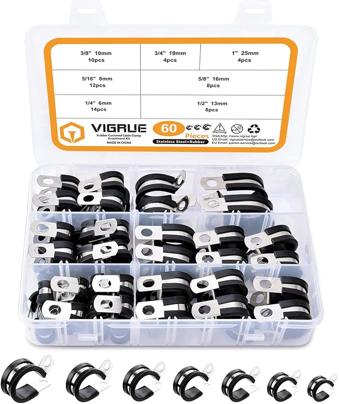 VIGRUE 60pcs Cable Clamps Assortment Kit, 304 Stainless Steel Rubber Cushion P Clamps Wire Clamp in 7 Sizes 1/4" 5/16" 3/8" 1/2" 5/8" 3/4"1''