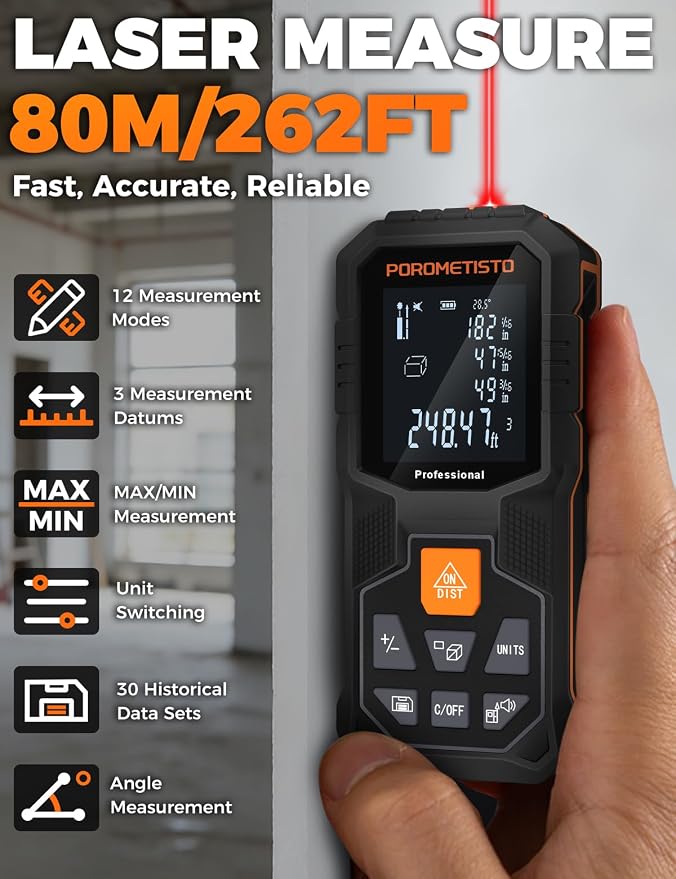 Laser Measure Tool (262ft/80m, ±2mm) with Tripod Mount and Angle Sensor | POROMETISTO 12 Modes（ Angle, Area, Volume, Pythagorean）Handheld Laser Distance meter for Home Construction