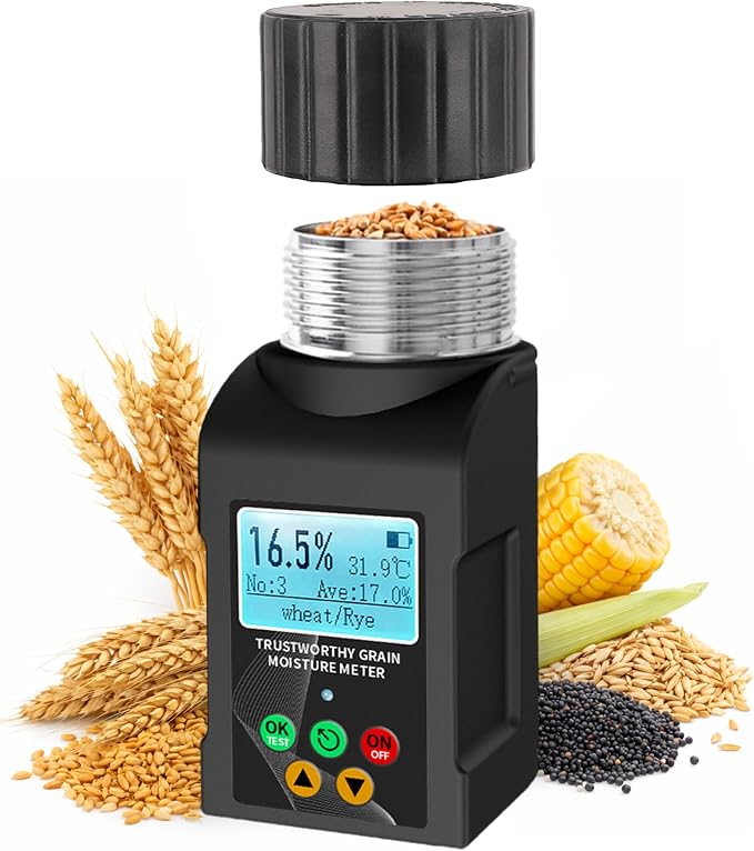 Grain Moisture Meter for 40 Crops, Digital Grain Moisture Tester with Temperature Display for Wheat, Barley, Corn, Oats, Canola, Soybeans