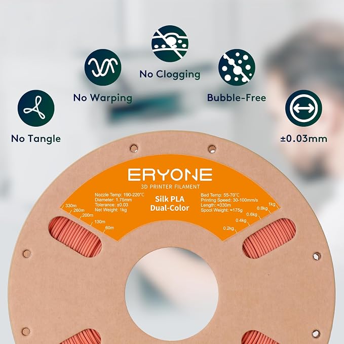 ERYONE Silk Dual Color PLA Filament 3D Printer 1.75mm +/- 0.03mm, Bicolor Filament Two Tone PLA 1KG(2.2lbs) Cardboard Spool, Gold Copper