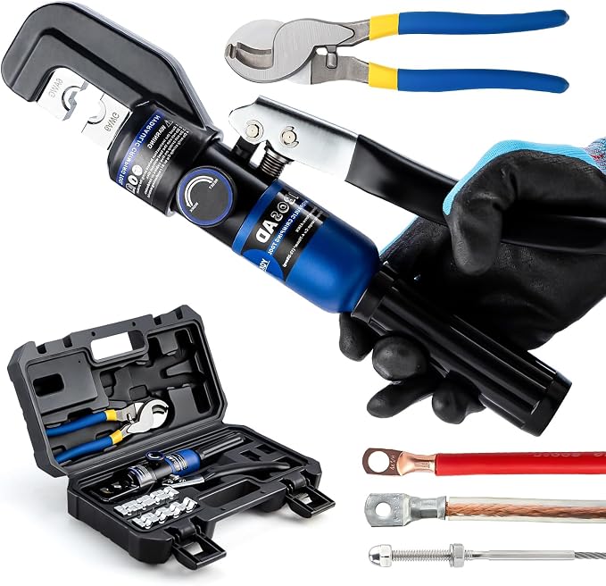 Hydraulic Crimping Tool and Cable Cutter Hydraulic Cable Lug Crimper 8 US TON 12 AWG to 00 (2/0) Electrical Terminal Cable Wire Tool Kit with 9 Die
