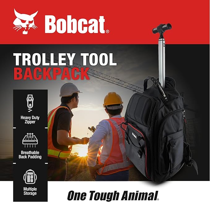 Bobcat Tool Organizer Backpack, EVA Hard Pocket, Large Capacity Storage for Electricians & Technicians, Heavy Duty Mobile Tool Bag (Black/Red Rolling tool Bag)