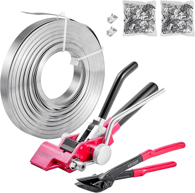 VEVOR Steel Banding Strapping Kit, Heavy Duty Banding Sealer Tool with 200 ft Binding Straps, 200 Metal Clasps, Manual Pallet Packaging Strapping Kit for Warehouse, Transportation, Industrial Bundling