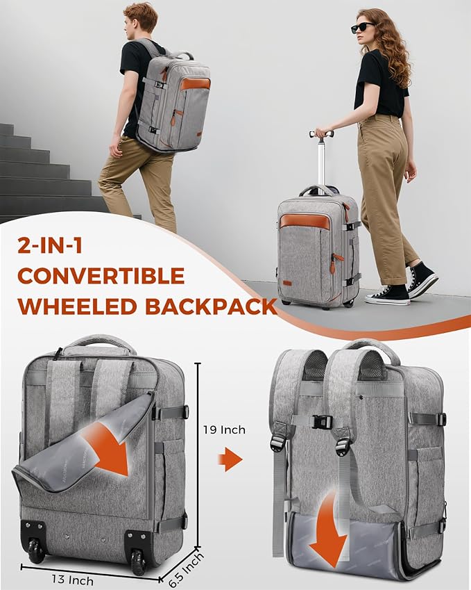 Vancropak Expandable Travel Rolling Backpack with Wheels, Airline Approved Wheeled Backpack with 3 Packing Cubes, 17 Inch Roller Carry on Luggage Suitcase Laptop Bag for Men Women, Grey