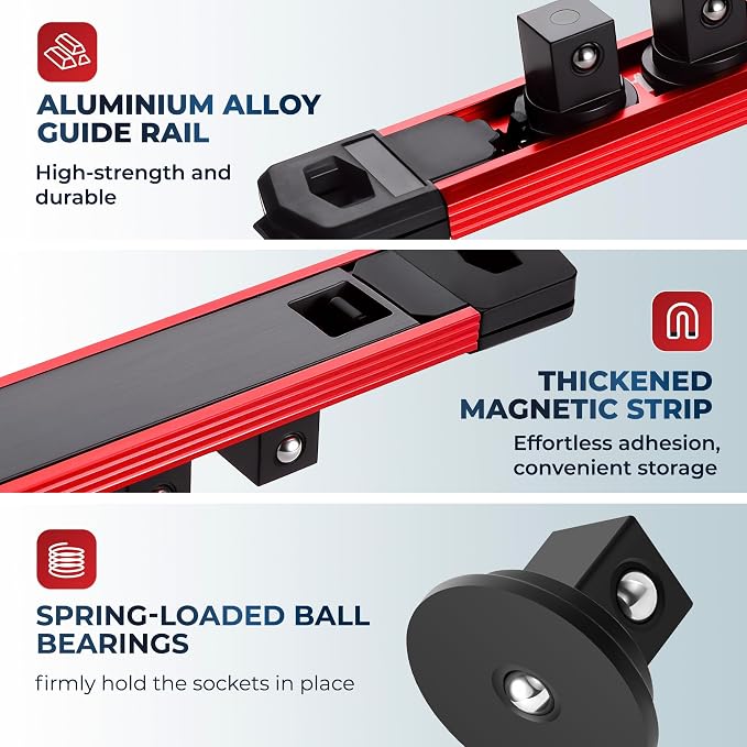 Reniteco Magnetic Socket Organizer Set, 3PC 1/2-Inch Drive Aluminum Alloy Socket Rail, Heavy Duty Magnetic Socket Holder for Tool Box Drawer, 360° Swivel Socket Rack, 1/2" x 36 Clips, Red