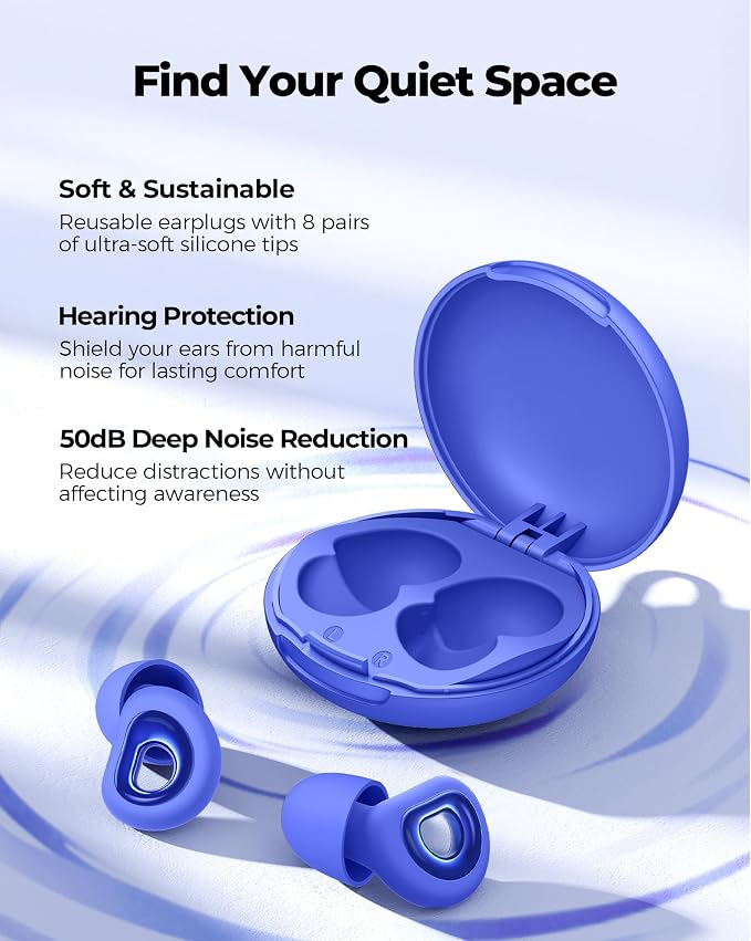 55dB Noise Reduction Ear Plugs for Sleeping, Reusable Noise Cancelling Earplugs for Snoring, Side Sleepers & Travel, Soft Silicone Hearing Protection for Concerts, Studying, Work, Airplane, 7 Ear Tips