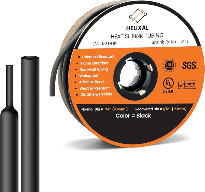 1/4" Heat Shrink tubing, 3:1 Wire Heat Shrink Tubing Industrial and Marine Grade, Dual Wall Adhesive Lined Wire Shrink Wrap Tubing, Waterproof Heat Shrink Tube - Black, 60 Feet Roll