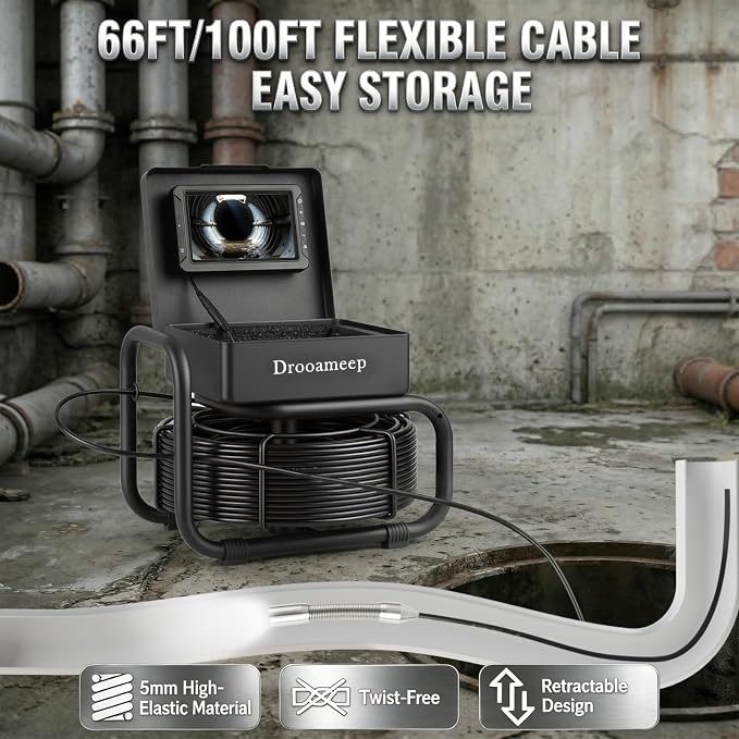 Sewer Camera, Sewer Inspection Camera, 5" IPS HD Drain Camera with 8 Lights, IP68, 32GB, DVR, FOV145°, Microphone & Speaker, for Pipe, Home Duct, Plumbing - 66FT