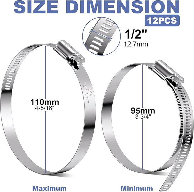 12Pack 4 inch Hose Clamps,Stainless Steel Large Hose Clamp Adjustable from 3-3/4"-4-5/16"/95-110mm,Metal Worm Gear Duct Clamp for Dryer Vent Hose,Fuel Line,Plumbing,Automotive,Exhaust,Radiator