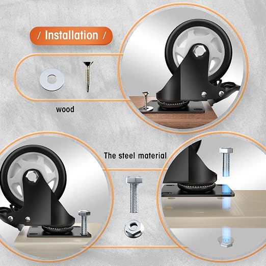 Casters, 4" Caster Wheels，Casters Set of 8 Heavy Duty - ASRINIEY Black Polyurethane Castors, Top Plate Swivel Wheels, 8-Pack Industrial Casters with Brake, Locking Casters for Furniture and Workbench