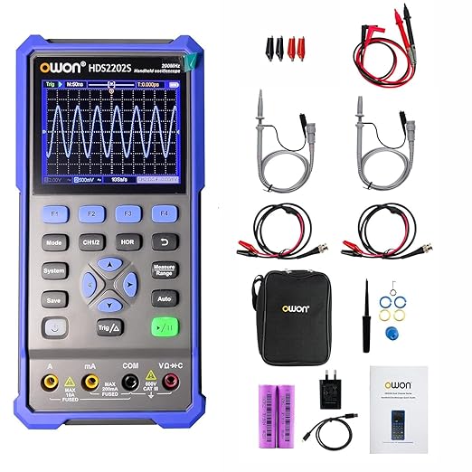 OWON Handheld Oscilloscope Multimeter, 2 Channels, 200MHz Bandwidth, 1GS/s Sampling Rate, 20000 Counts, 3 in 1 Portable Digital Automotive Oscilloscope, Voltage, Current, Capacitor HDS2202S